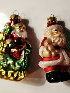 Vintage Unique Treasures Blown Glass Santa Ornaments - Set of 2 Sleigh & Teddy